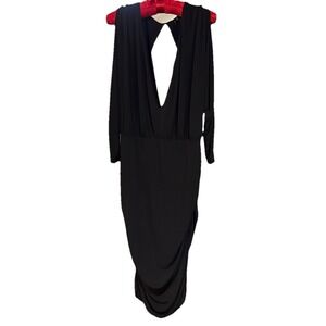 Curvy Sense Black Deep V Midi Dress 4X Long Sleeve Ruched Bodycon Evening